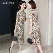 高级杭州真丝连衣裙女中老年妈妈复古桑蚕丝短袖 收腰裙子夏季 气质