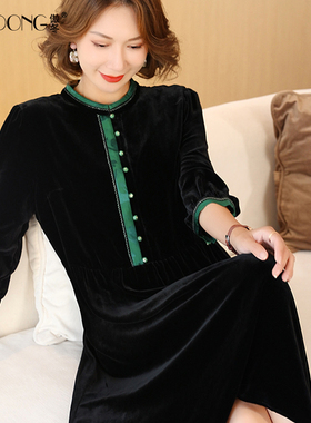 新款高端黑色真丝丝绒连衣裙女中老年妈妈重磅桑蚕丝裙子气质春秋
