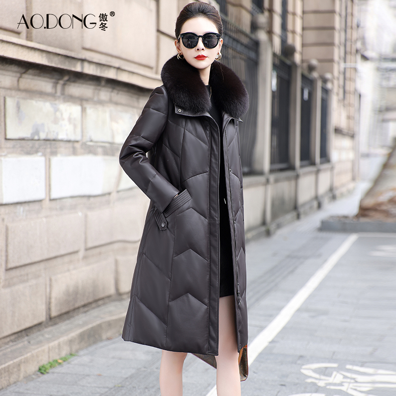 海宁真皮羽绒服女中长款皮衣