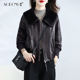 海宁真皮皮衣女短款高级感油蜡绵羊皮鹅绒服小个子羊毛领外套冬季