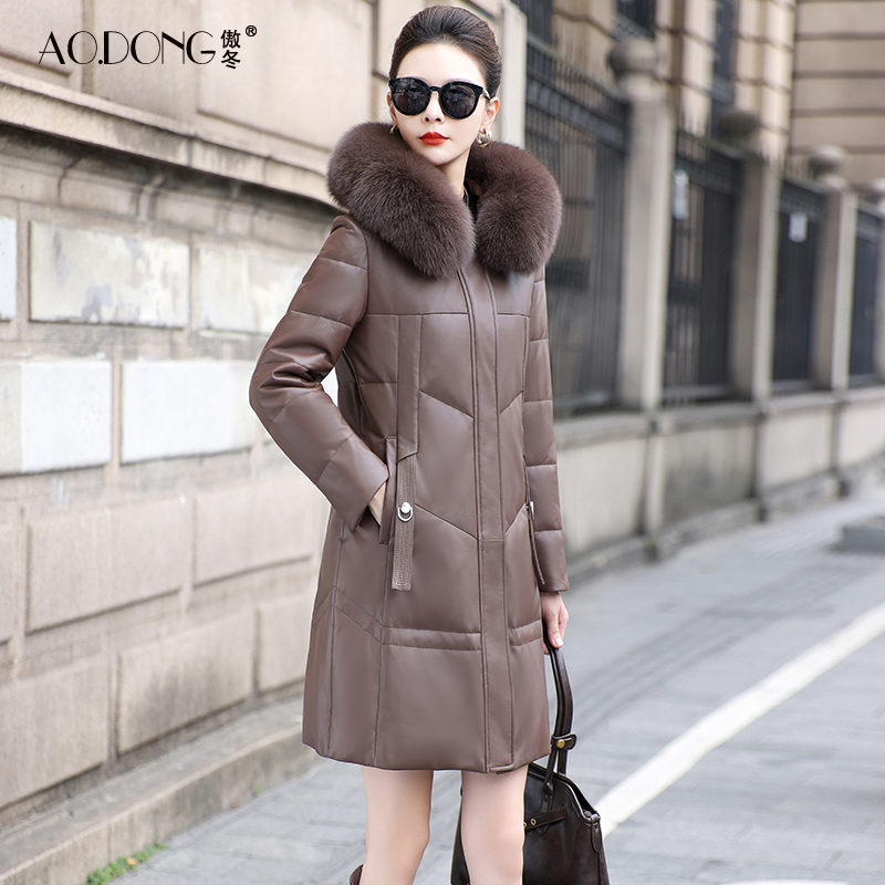 海宁真皮羽绒服女中长款皮衣