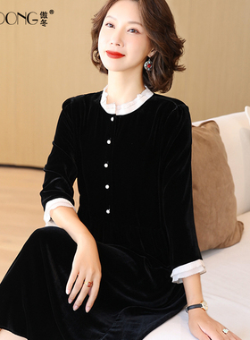 2023新款高端黑色真丝丝绒连衣裙女桑蚕丝显瘦裙子妈妈装气质春秋
