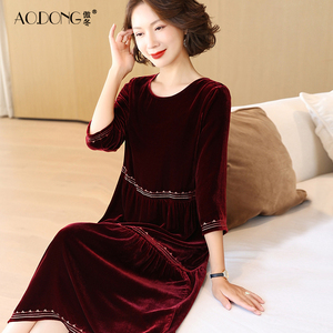 新款高端婚宴真丝丝绒连衣裙女喜婆婆重磅桑蚕丝裙子妈妈装气质秋