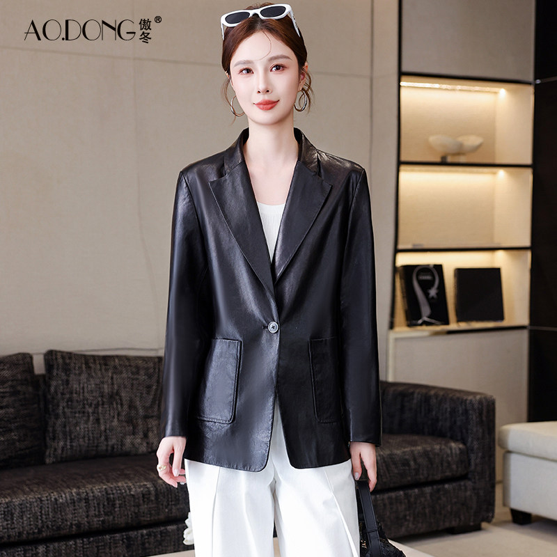 海宁韩系真皮皮衣女中长款高级感休闲绵羊皮时尚西装外套气质春秋