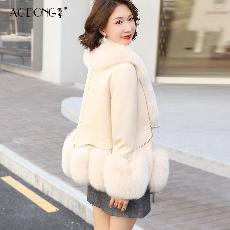 海宁皮衣狐狸毛领短款皮衣韩版