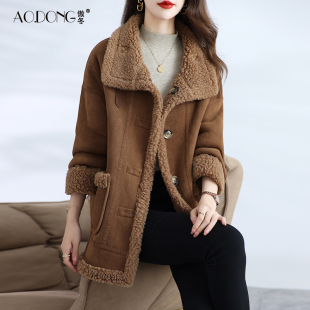 新款 加厚两面穿妈妈保暖羊羔毛一体大衣冬 颗粒绒皮草外套女中长款