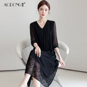 新款高级真丝连衣裙女时尚桑蚕丝精致刺绣休闲气质洋气裙子夏季