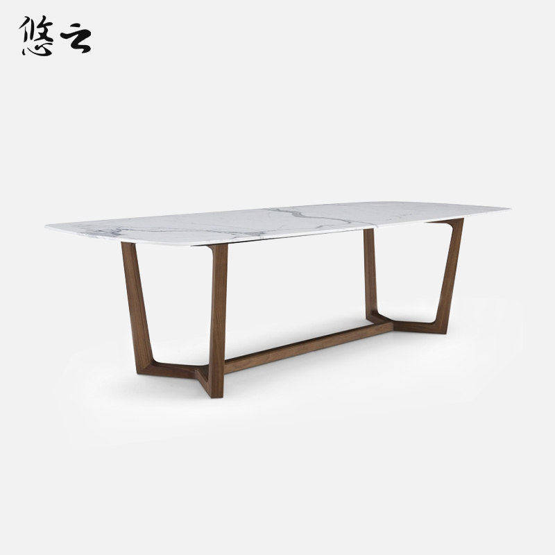 悠云意式极简设计餐桌天然大理石桌子白蜡实木椭圆长餐台会议桌