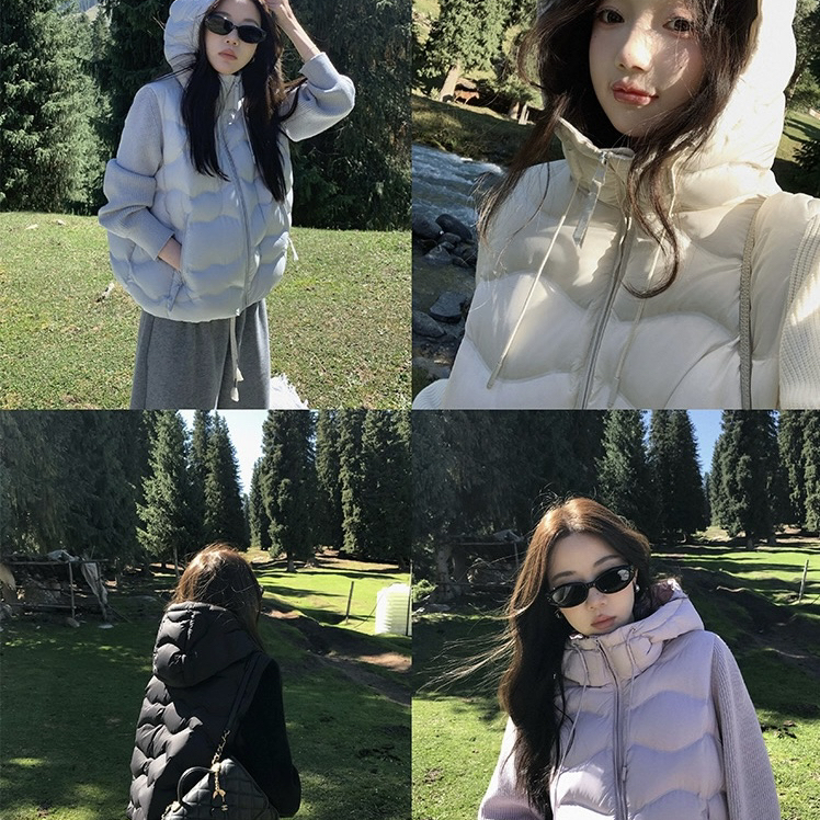 同款压胶直冲拼接针织袖休闲保暖羽绒服外套贝贝压胶针织袖白鸭绒