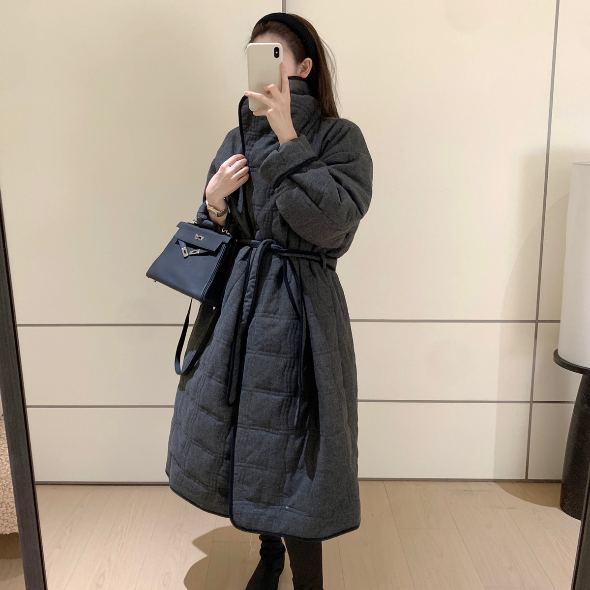 SANTA GROVE加厚气质贵气保暖棉服外套(配腰带)（含10羊毛）长款