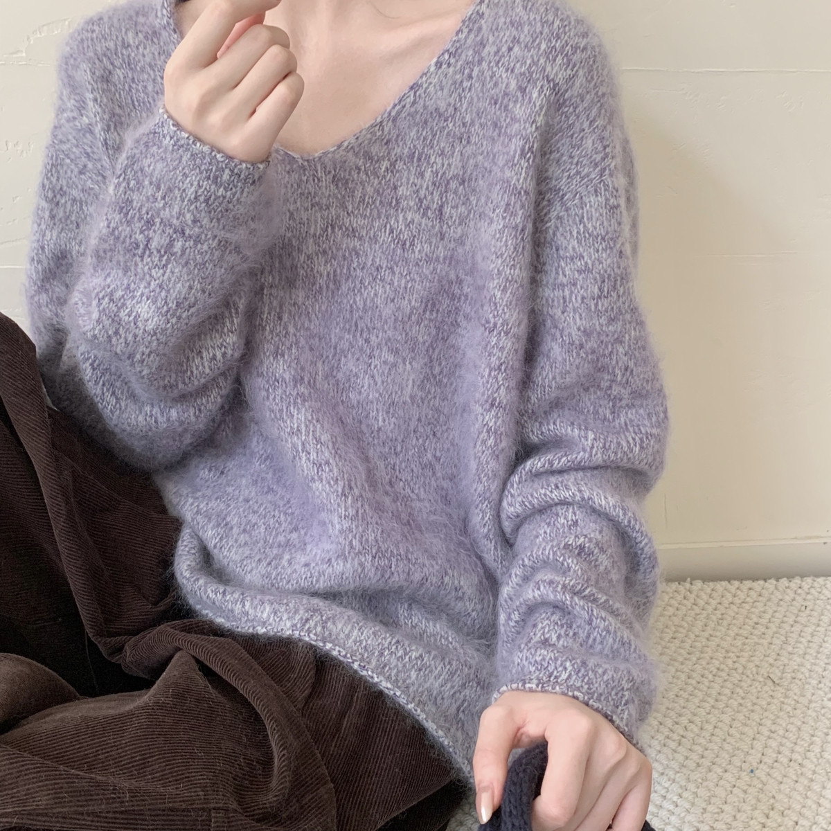 MUUTIS牧缇羊毛拉毛鸡心领全羊毛针织衫女含100绵羊毛毛衣慵懒风