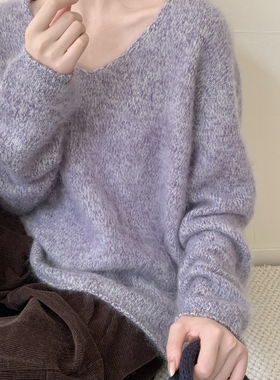 MUUTIS牧缇羊毛拉毛鸡心领全羊毛针织衫女含100绵羊毛毛衣慵懒风