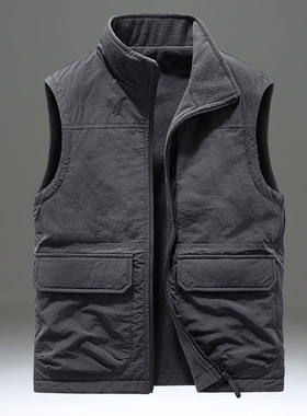 秋冬季双面穿马甲男加绒加厚抓绒坎肩背心户外休闲摇粒绒马夹外套
