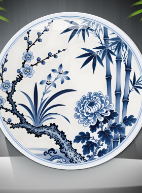 仿青花瓷客厅圆形墙贴定制中式风格梅花竹菊国潮风防脏遮丑装饰画