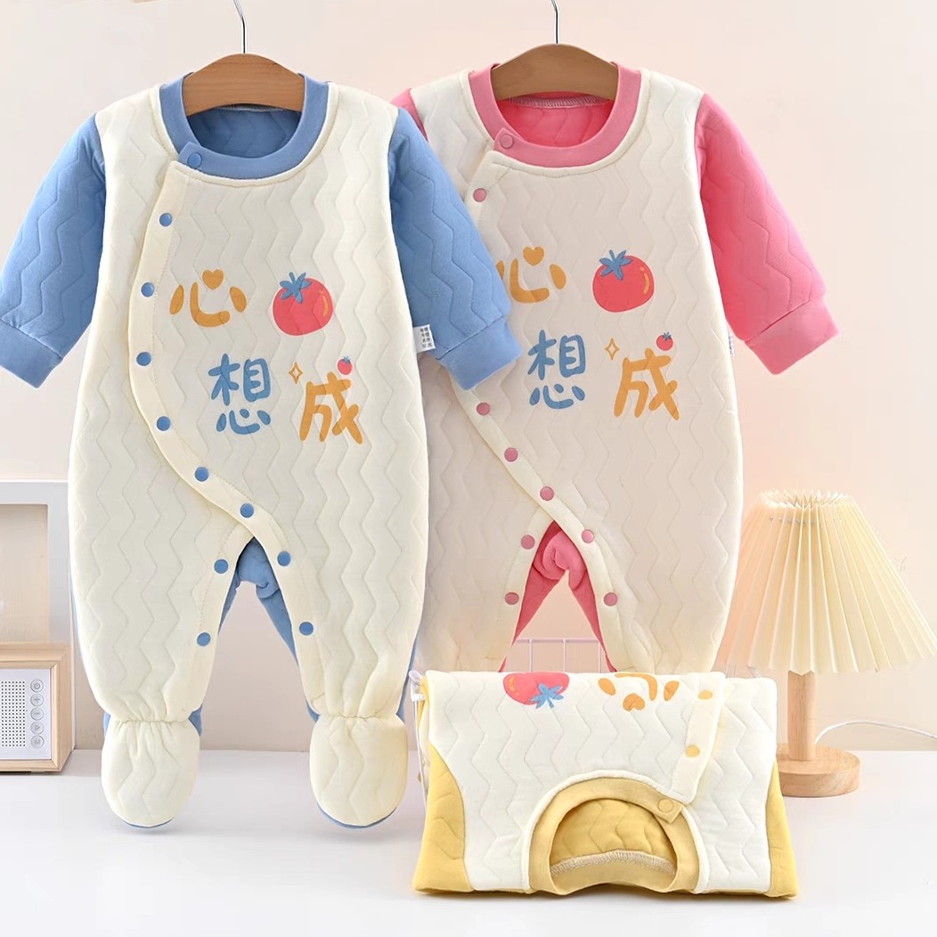 婴儿连体衣新生儿a纯棉爬服宝宝加厚包脚保暖春秋冬季夹棉外出服