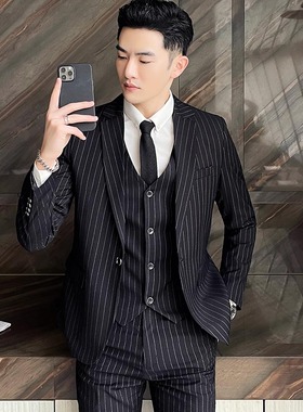 春夏西装套装男韩版青年潮流条纹新郎伴郎婚礼礼服修身西服三件套