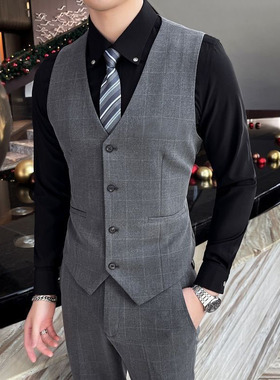 男士西装马甲春秋背心伴郎团兄弟装新郎结婚格子修身休闲西服马夹