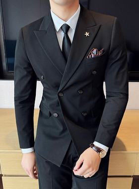 男士西服套装商务韩版修身结婚礼服双排扣西装三件套男高级感西服