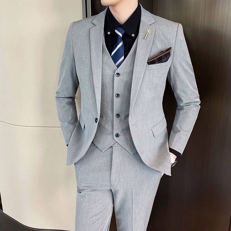Spring and autumn suit set for men, Korean-style slim-fit groom, best man, wedding dress, host, checked suit, three-piece set, trendy thumbnail 6