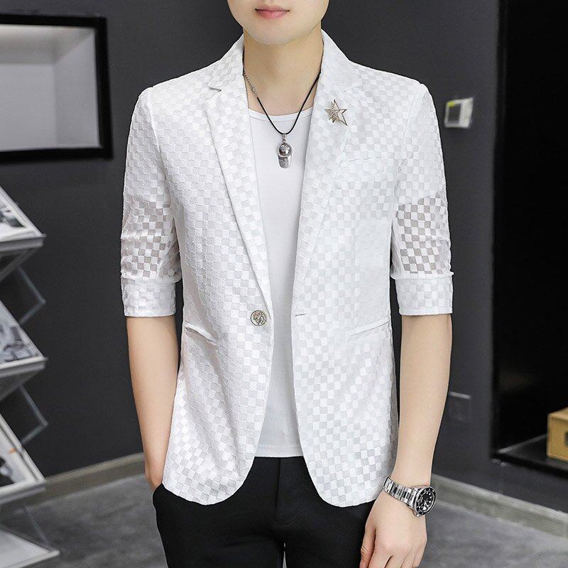 男士西装夏季薄款高级感中袖韩版修身七分短袖休闲白色小西服外套