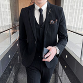 青年条纹伴郎服新郎结婚礼服 三件套秋冬商务休闲西装 西服套装 男士