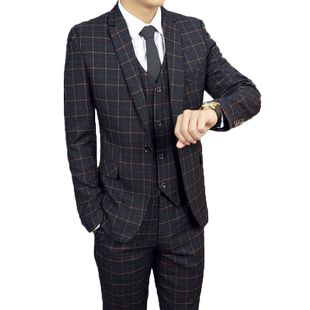 男士三件套西服青年格子小西装套装春秋帅气新郎结婚礼服商务正装