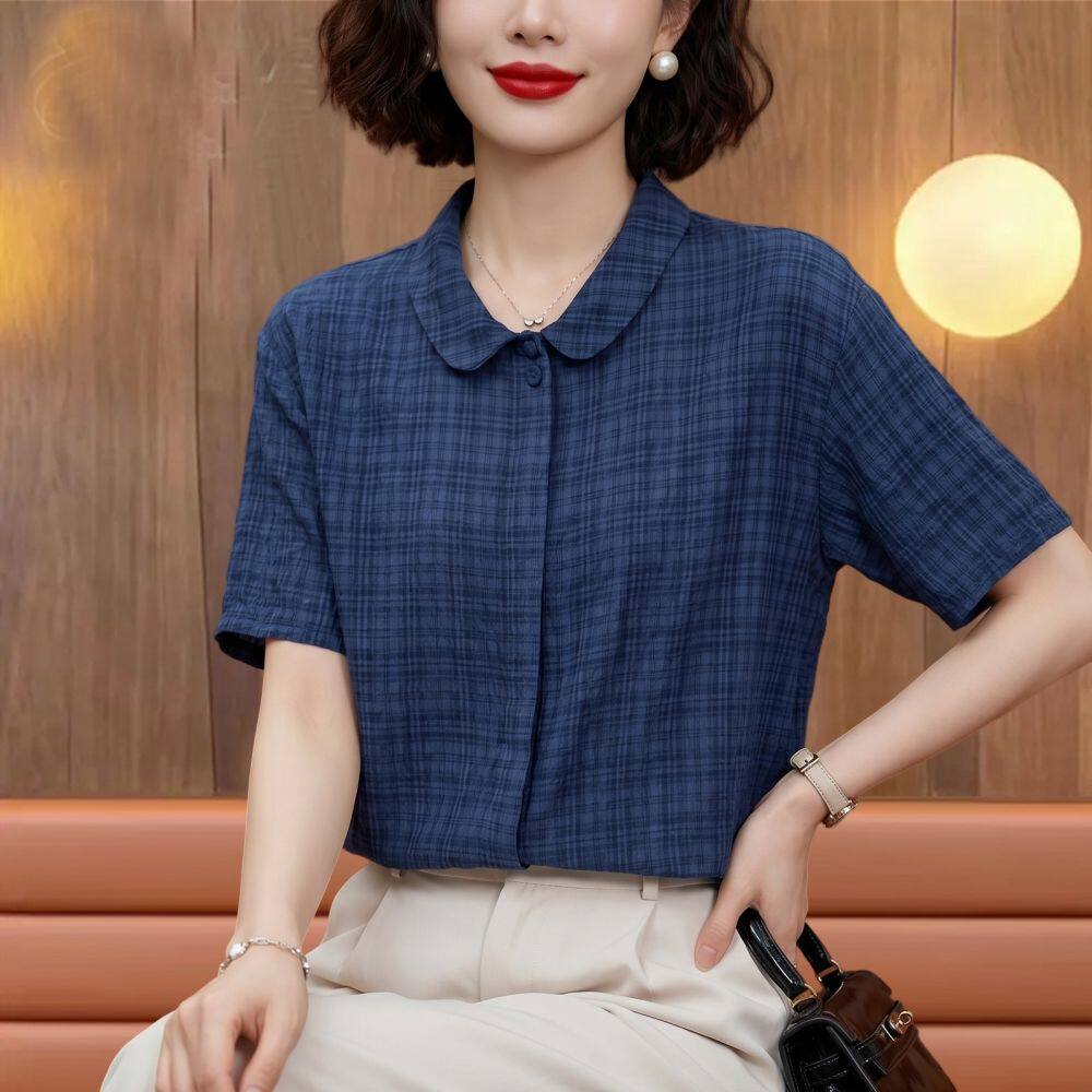 专柜品质气质格子短袖小衫女夏季蕾丝衫/雪纺衫