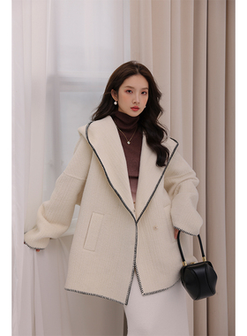 竹依依白色苏力羊驼绒双面羊绒大衣女短款小个子宽松连帽毛呢外套