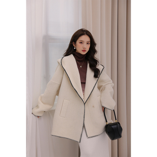 竹依依白色苏力羊驼绒双面羊绒大衣女短款小个子宽松连帽毛呢外套