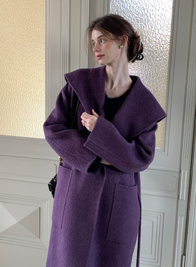 竹依依紫色双面呢大衣女秋冬加厚高级感中长款宽松澳洲羊毛外套