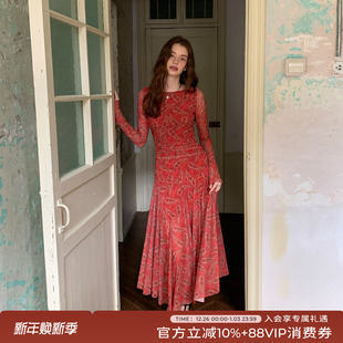 竹依依 复古热烈红腰果花薄纱连衣裙女秋波西米亚风长裙 原创法式