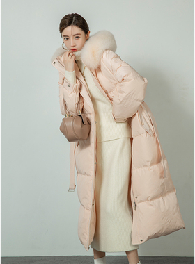 竹依依橘粉色狐狸毛领90白鹅绒羽绒服女冬季加厚保暖长款连帽外套