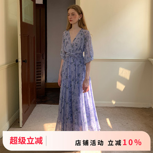 復(fù)古V領(lǐng)淡紫色收腰碎花連衣裙女夏網(wǎng)紗中長(zhǎng)款 竹依依法式 飄逸感裙