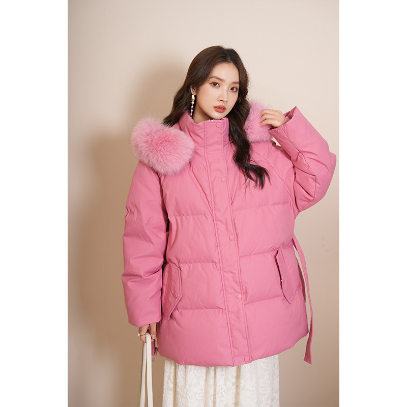 竹依依粉色狐狸大毛领短款羽绒服女2025冬新款小个子加厚90白鹅绒