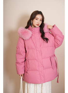 竹依依粉色狐狸大毛领短款羽绒服女2025冬新款小个子加厚90白鹅绒