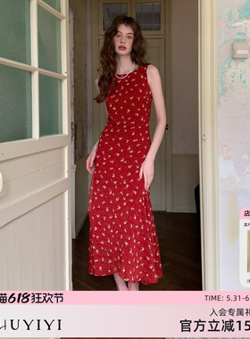 竹依依新款高级感红色碎花背心式连衣裙女夏收腰显瘦原创设计