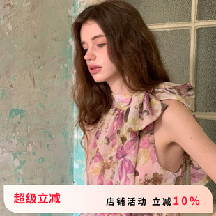 竹依依原创法式 上衣衬衣 花色甜美蝴蝶结印花衬衫 女纯真少女无袖