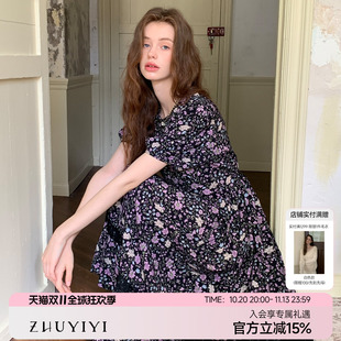 竹依依原创法式黑色碎花中袖连衣裙女夏宽松收腰显瘦圆领裙子均码