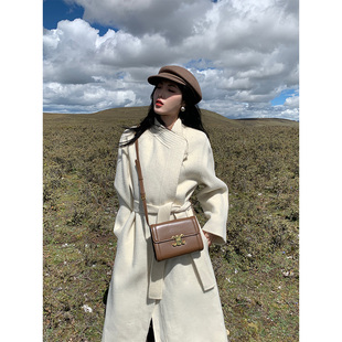 高端米白色双面羊绒大衣女2023新款秋冬过膝中长款高级感毛呢外套