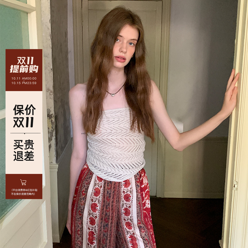 竹依依法式原创亚麻印花撞色民族风休闲抹胸上衣+阔腿裤长裤套装