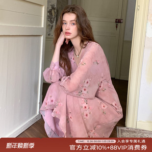 印花连衣裙女v领气质长裙 森林绿色网纱长袖 竹依依原创法式 橡皮粉