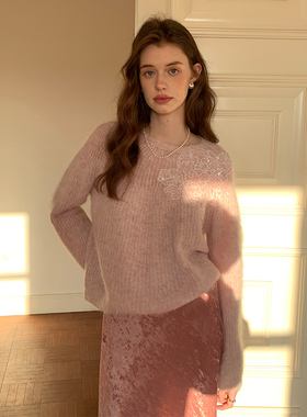 竹依依粉色丝绒半身裙女春季高腰中长款宽松百搭高级感卷边A字裙