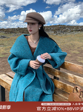 竹依依高端孔雀蓝色连帽双面羊绒大衣女长款2025冬新款羊毛呢外套