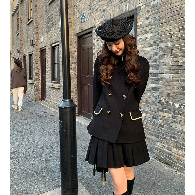 ZHUYIYI黑色100羊毛双面呢外套女小香风半裙两件套高级感呢子套装,女装/女士精品,时尚套装,淘宝优惠券,粉丝福利购,淘宝优惠卷