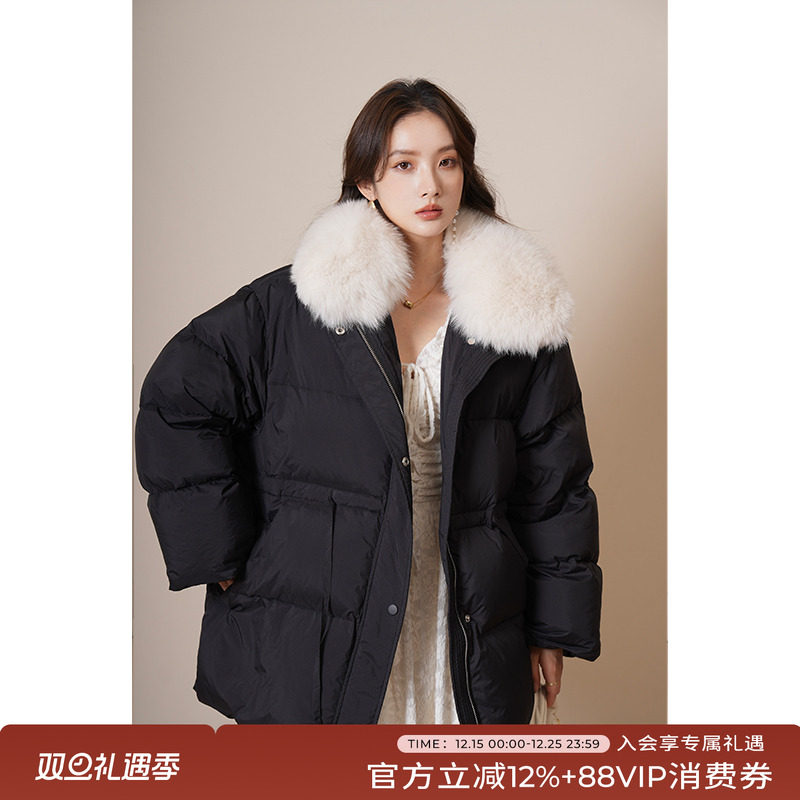 高端白鹅绒短款大毛领羽绒服黑色
