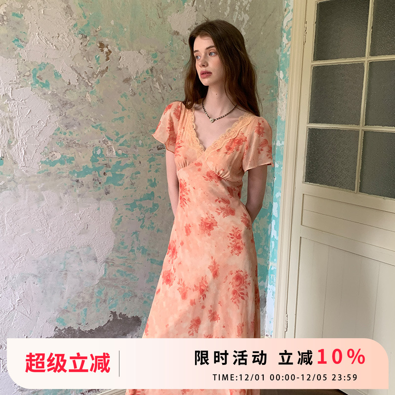 V领碎花短袖连衣裙女绿色/橘粉色