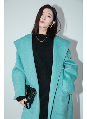 竹依依湖蓝色双面羊绒大衣女长款过膝高级感高端连帽纯羊毛呢外套