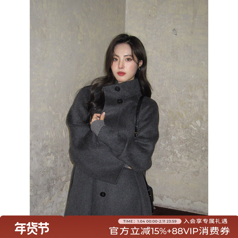 竹依依气质复古立领灰黑色绵羊毛双面羊绒大衣女冬季毛呢外套短款,女装/女士精品,毛呢外套,淘宝优惠券,粉丝福利购,淘宝优惠卷