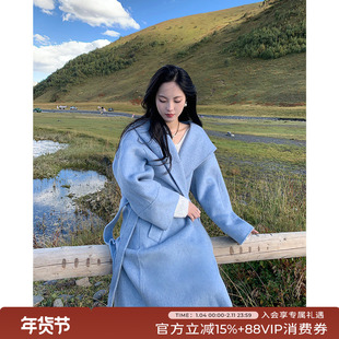 竹依依蓝色双面羊绒大衣女春季宽松过膝长款高级感连帽毛呢外套
