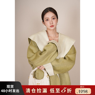 双面羊绒大衣女冬2025新款 竹依依大翻领绿色短款 高端纯羊毛呢外套